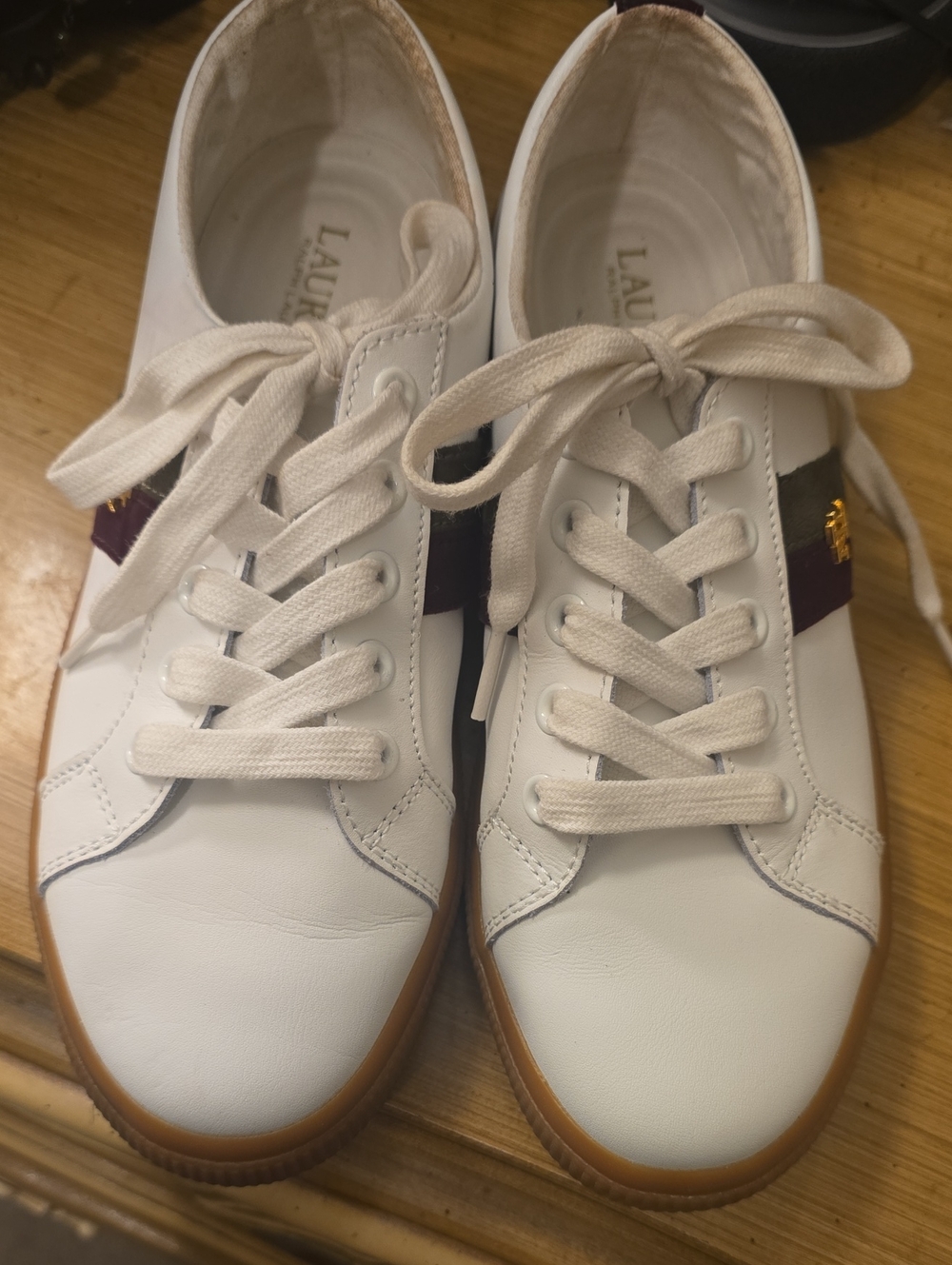 Lauren Ralph Lauren White Leather Sneakers with Burgundy Stripe and Gum Sole